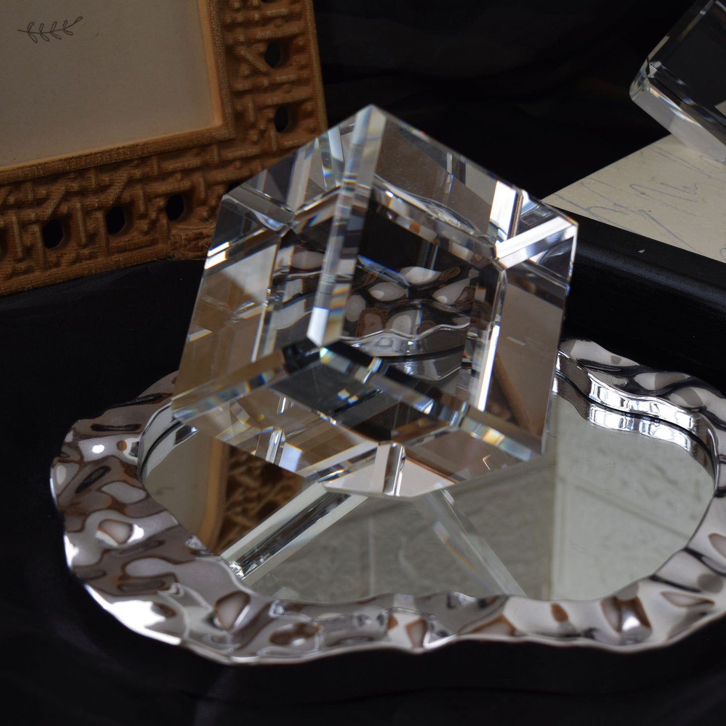 Blank Crystal Cube, Beveled Optical Clear Display Cube Only or with Rotating Base