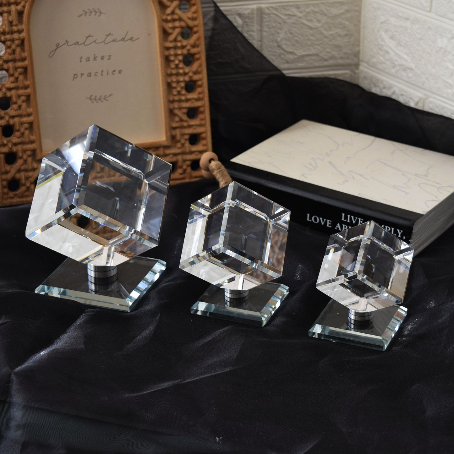 Blank Crystal Cube, Beveled Optical Clear Display Cube Only or with Rotating Base