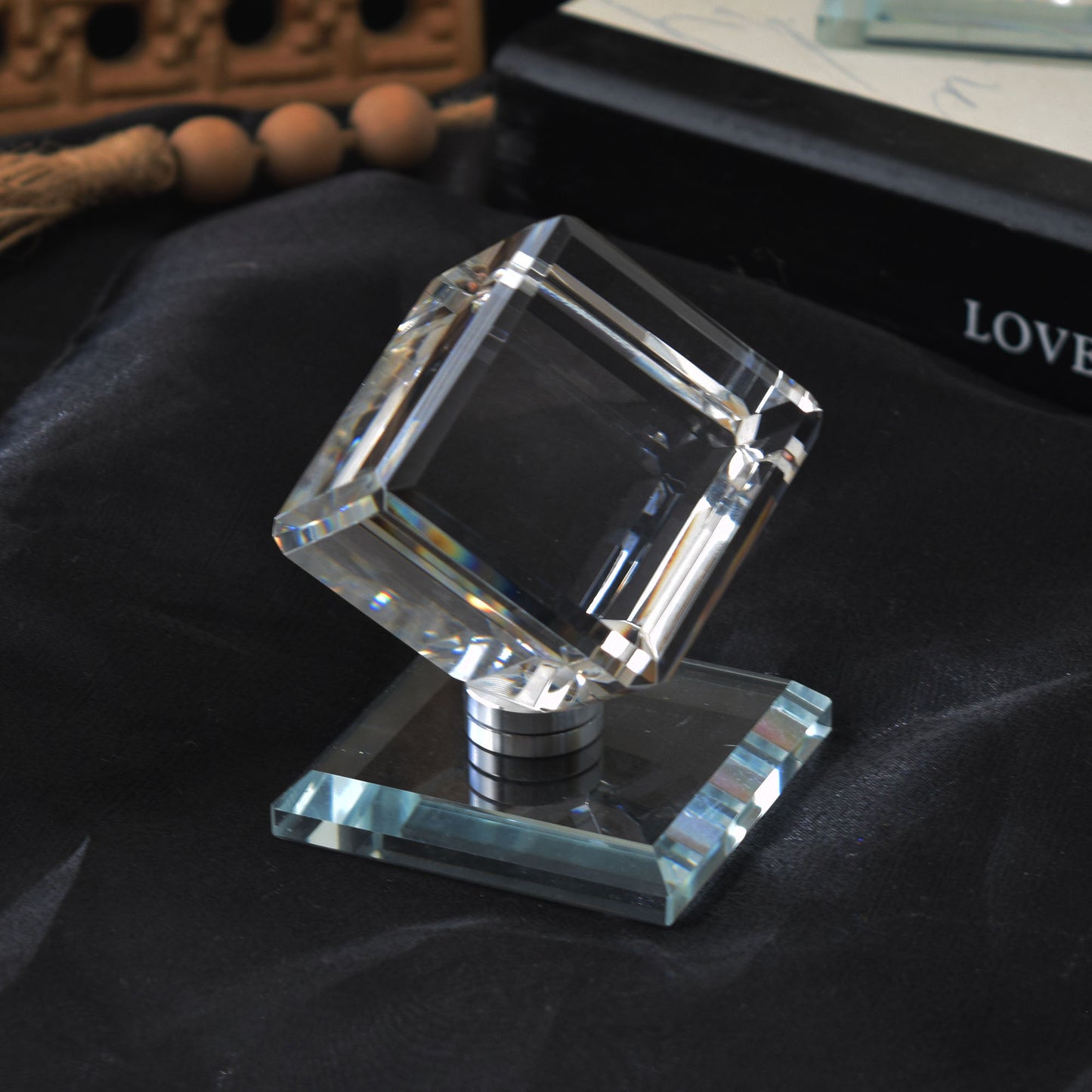 Blank Crystal Cube, Beveled Optical Clear Display Cube Only or with Rotating Base