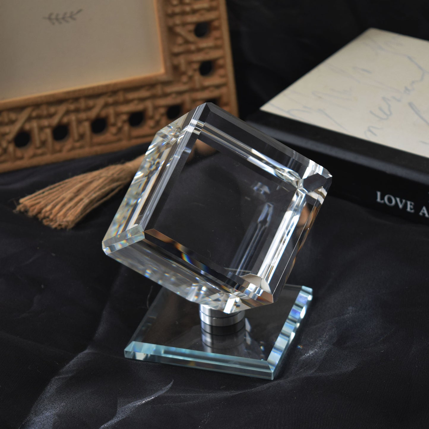 Blank Crystal Cube, Beveled Optical Clear Display Cube Only or with Rotating Base