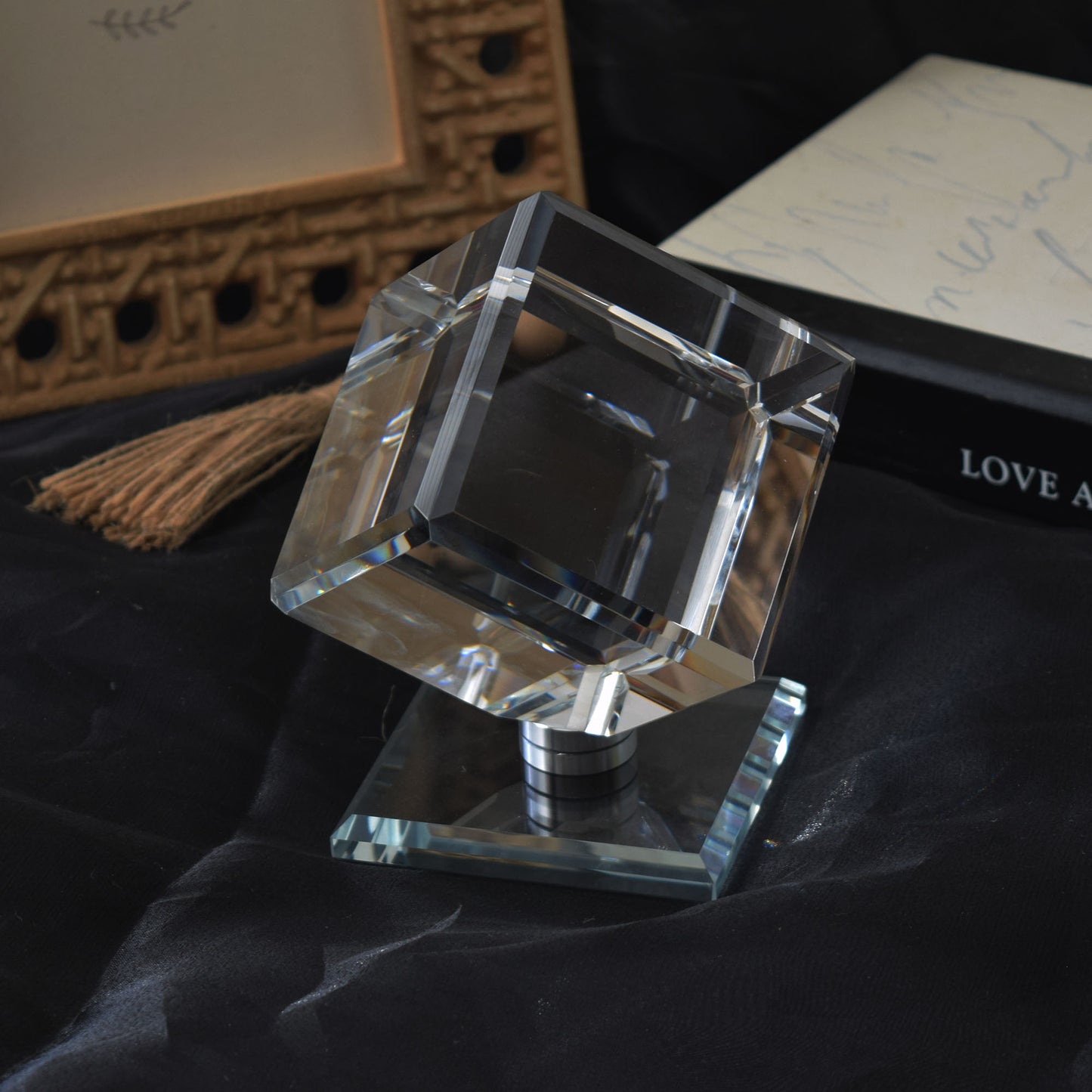 Blank Crystal Cube, Beveled Optical Clear Display Cube Only or with Rotating Base