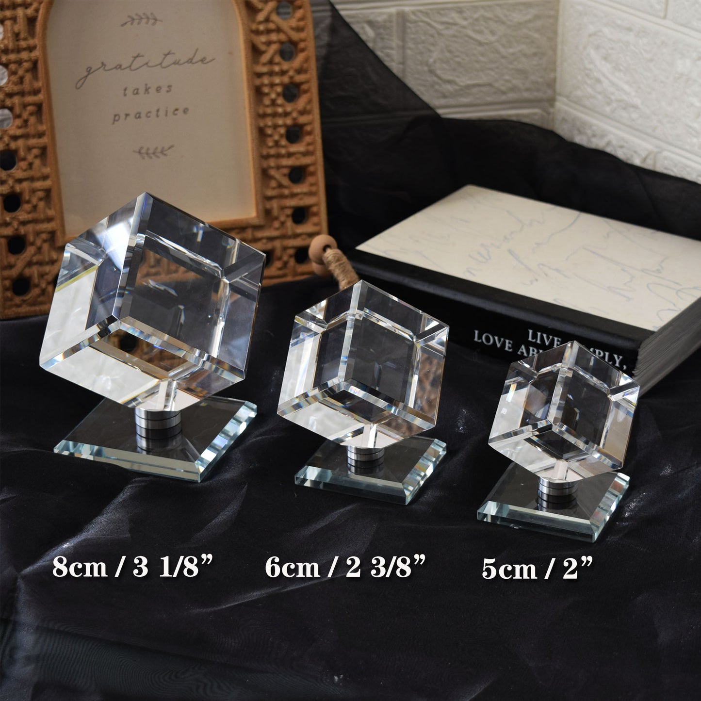 Blank Crystal Cube, Beveled Optical Clear Display Cube Only or with Rotating Base