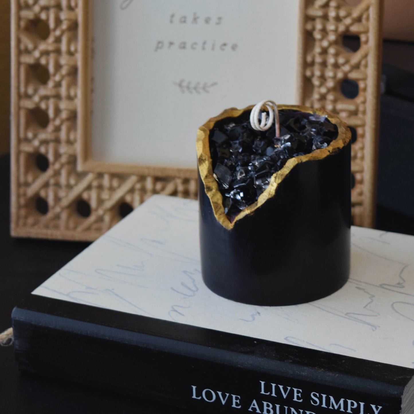 Halloween Black Crystal Candle – Glossy Geode Wax Candle, Gothic Spooky Gift