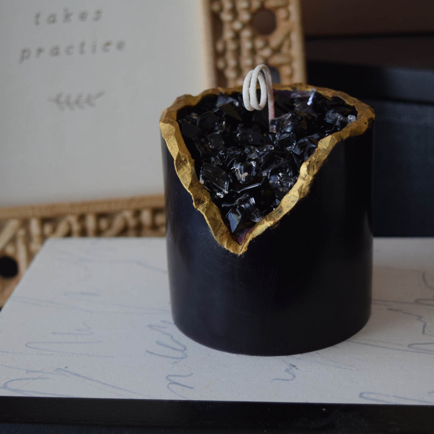Halloween Black Crystal Candle – Glossy Geode Wax Candle, Gothic Spooky Gift