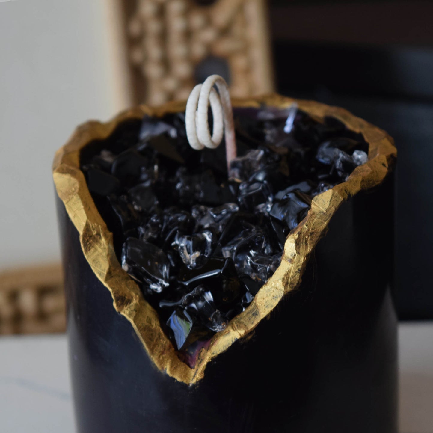 Halloween Black Crystal Candle – Glossy Geode Wax Candle, Gothic Spooky Gift