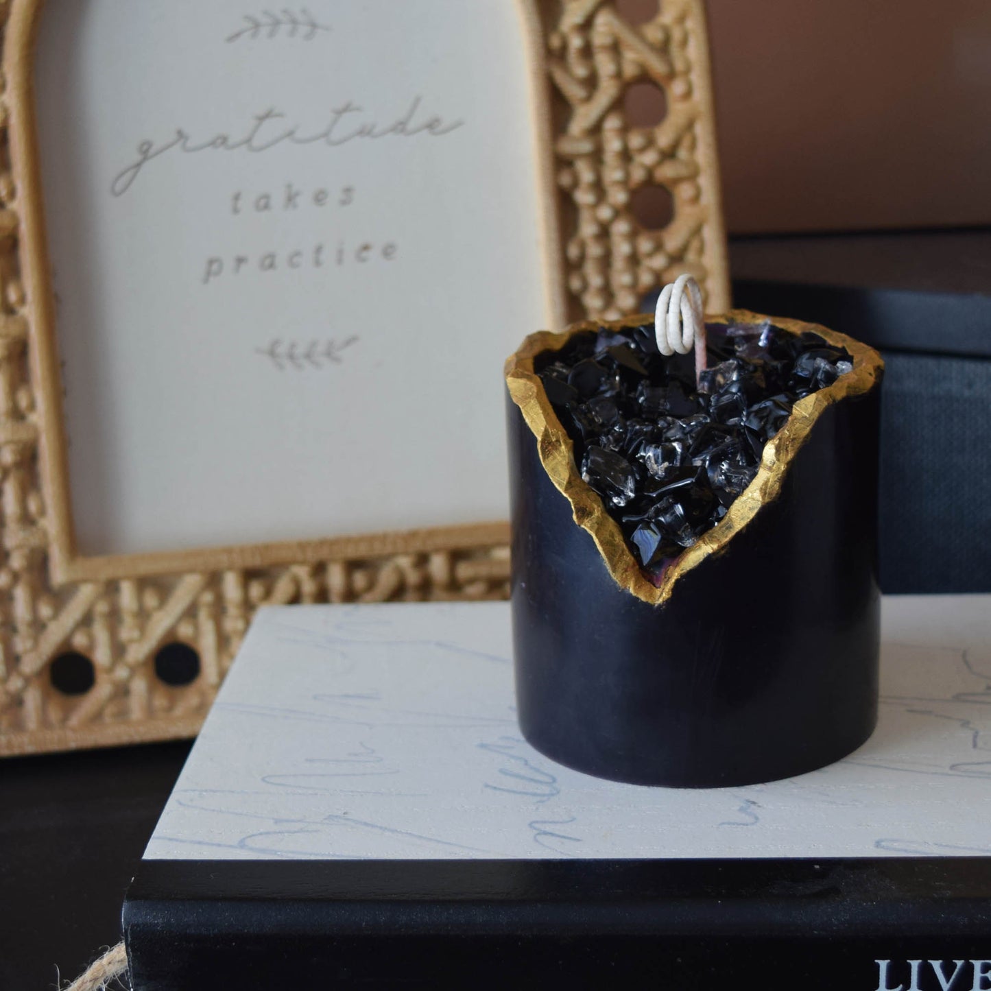 Halloween Black Crystal Candle – Glossy Geode Wax Candle, Gothic Spooky Gift