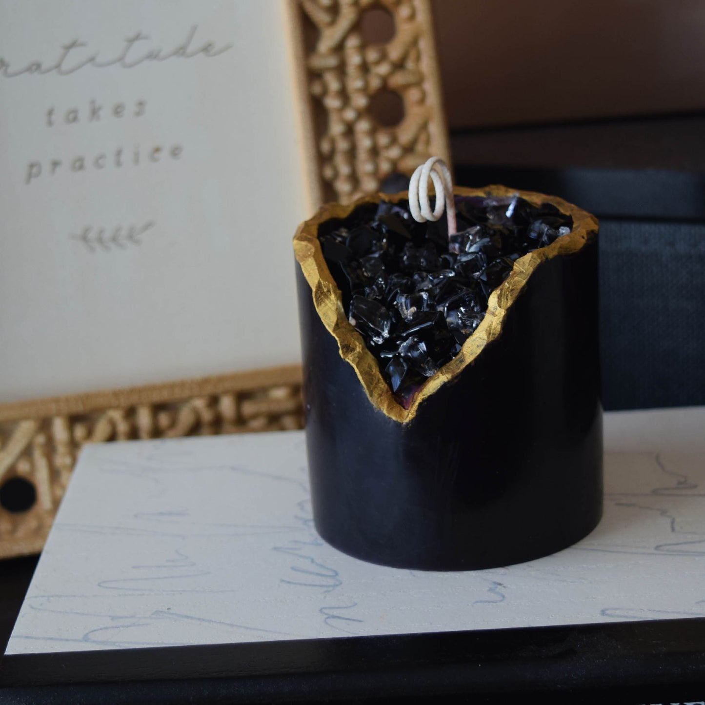 Halloween Black Crystal Candle – Glossy Geode Wax Candle, Gothic Spooky Gift