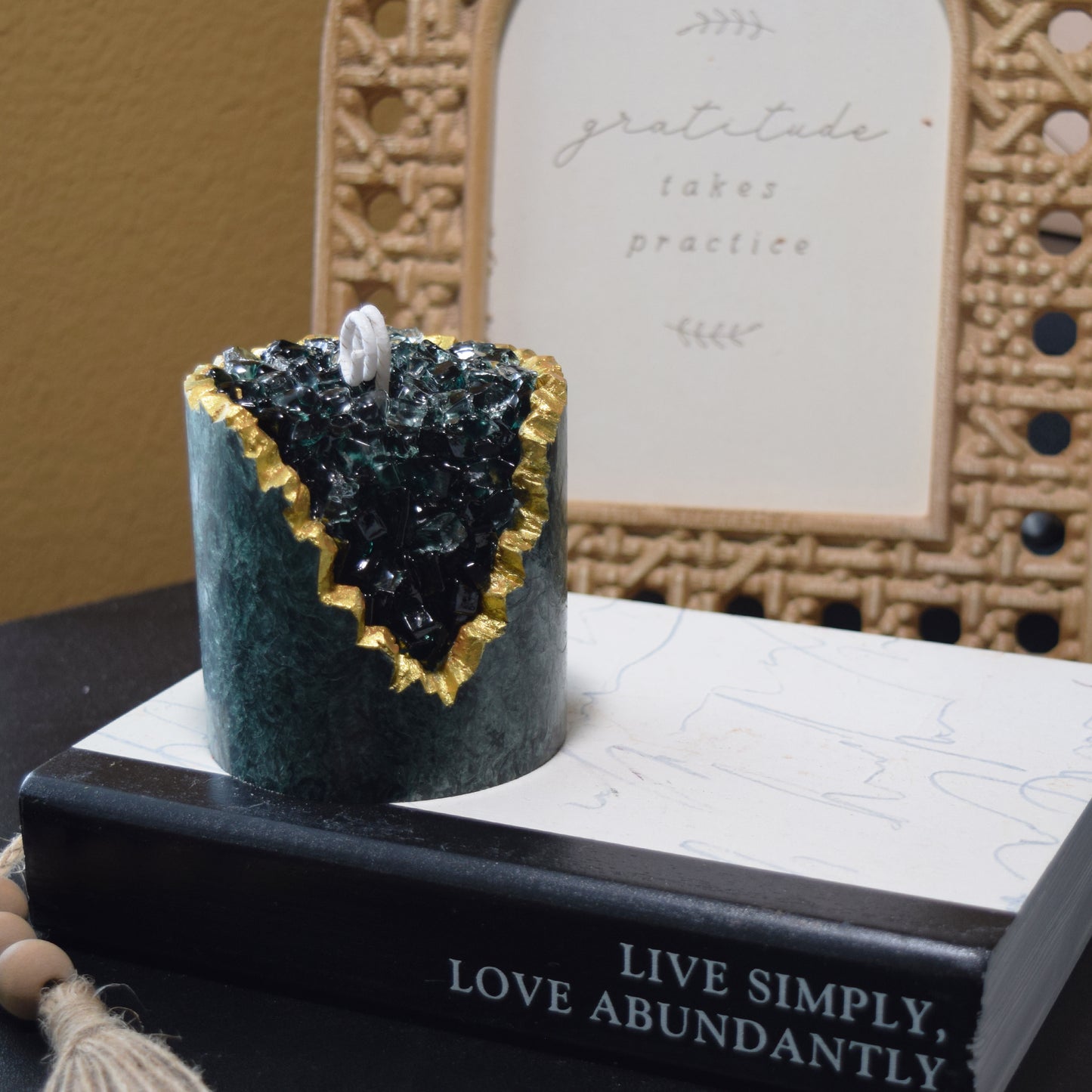 Green Geode Candle – Palm Wax Crystal Candle with Gel Core, Boho Spiritual Home Decor