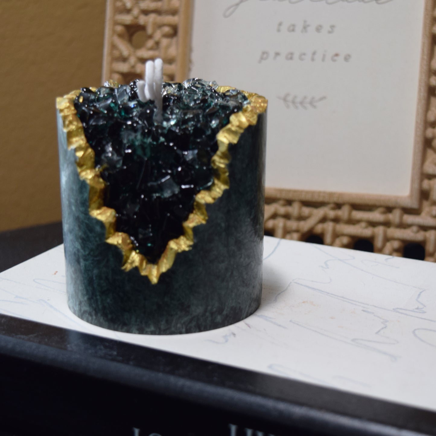 Green Geode Candle – Palm Wax Crystal Candle with Gel Core, Boho Spiritual Home Decor