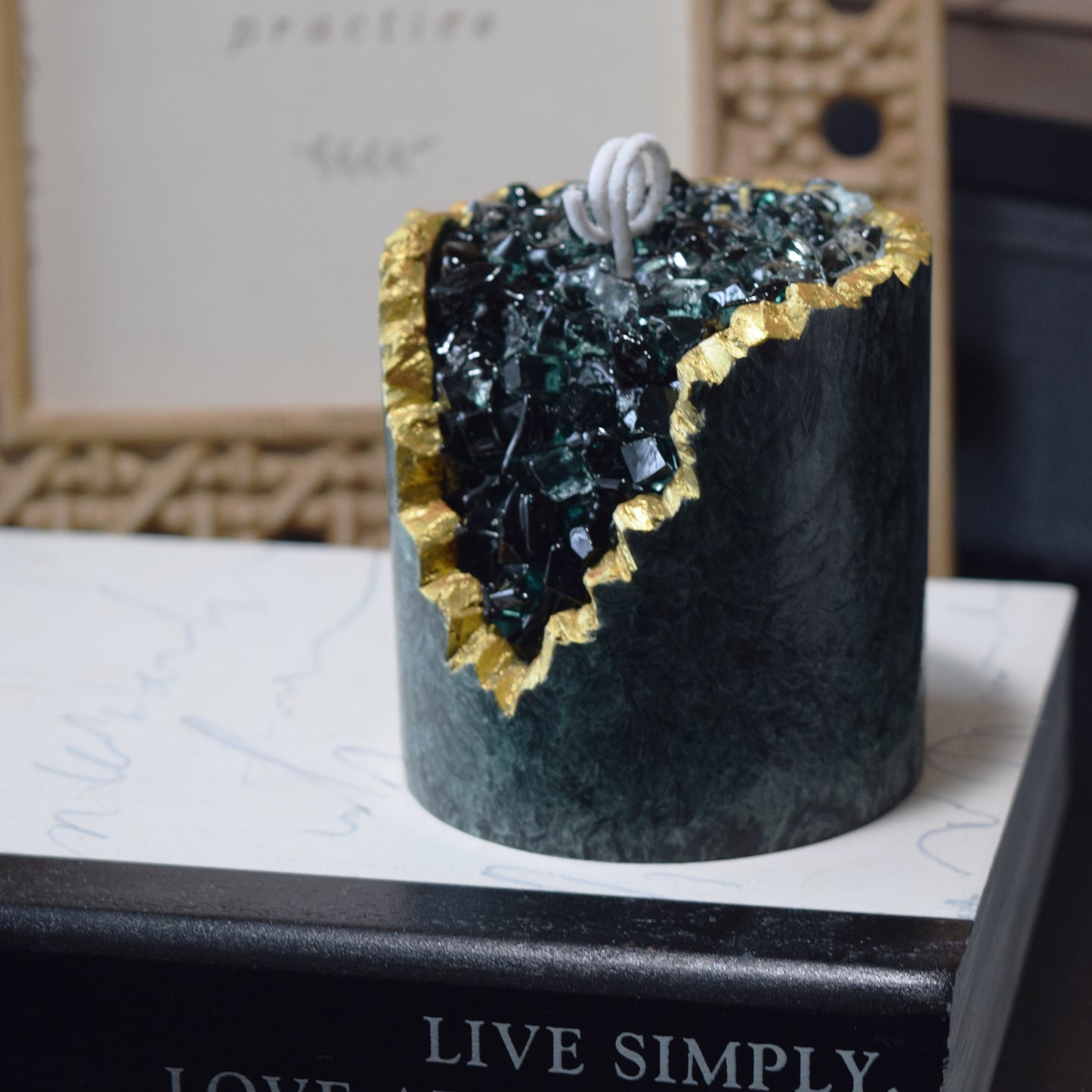 Green Geode Candle – Palm Wax Crystal Candle with Gel Core, Boho Spiritual Home Decor