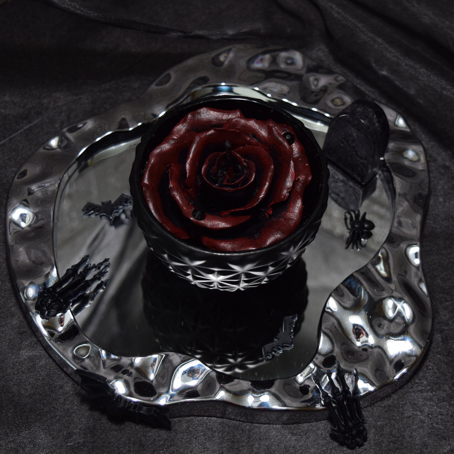 Gothic Halloween Candle | Handmade Black Rose Candle with Red Petals, Natural Beeswax Palm Wax Candle