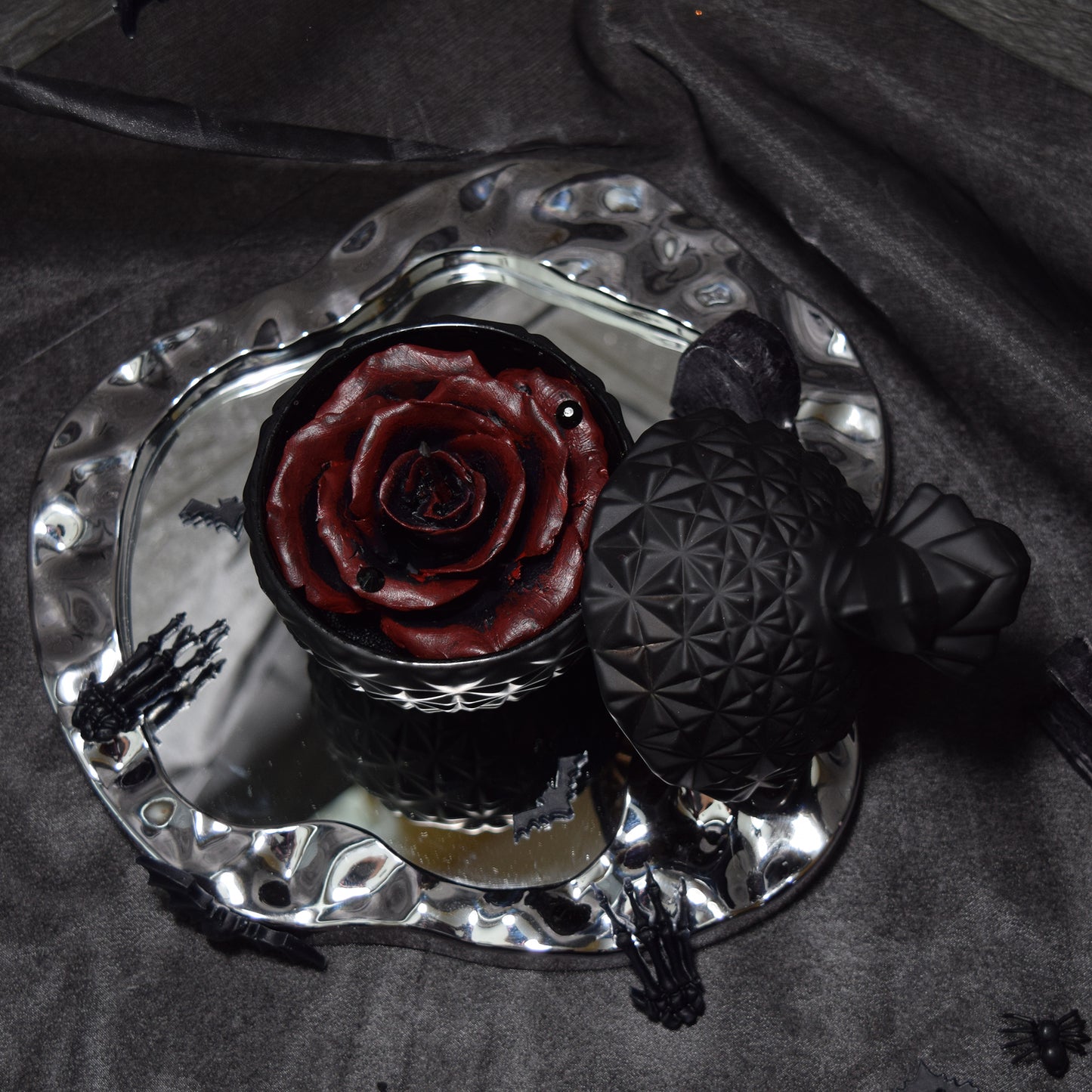 Gothic Halloween Candle | Handmade Black Rose Candle with Red Petals, Natural Beeswax Palm Wax Candle