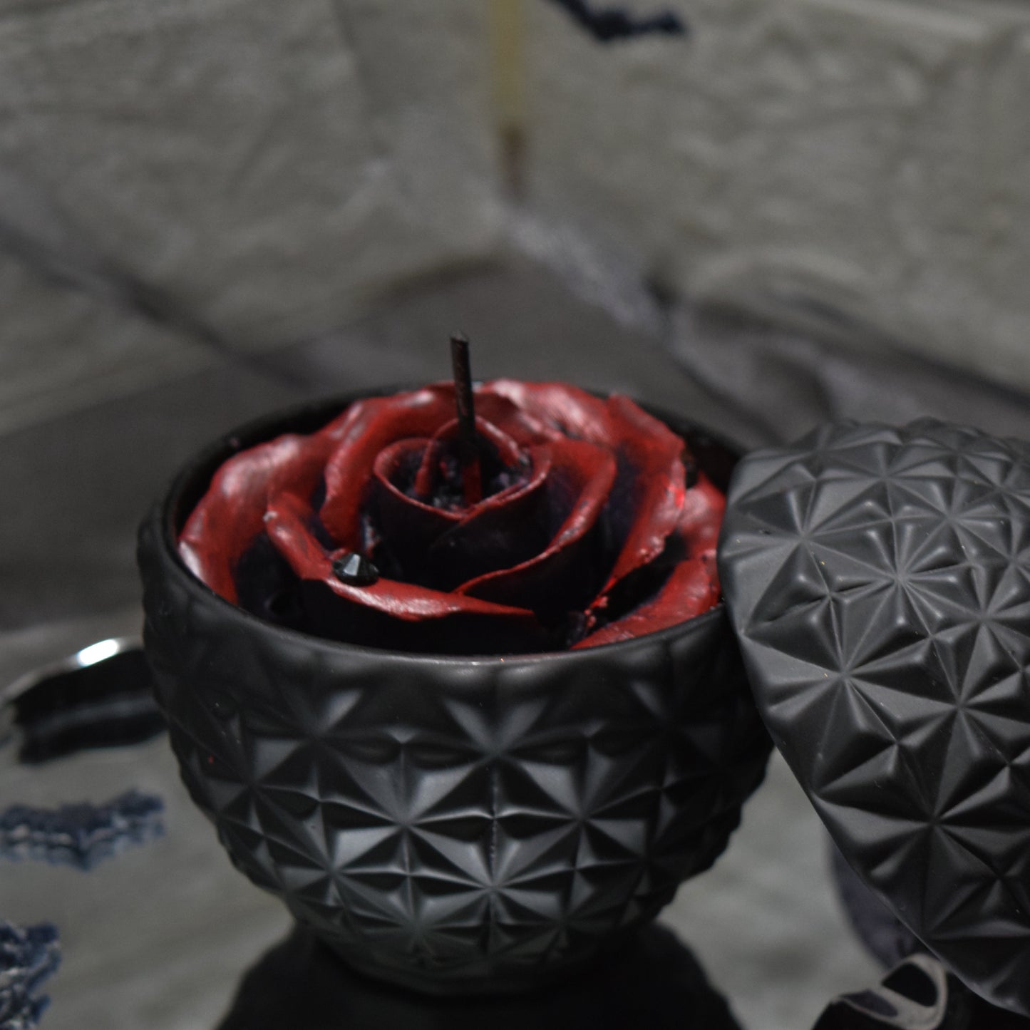 Gothic Halloween Candle | Handmade Black Rose Candle with Red Petals, Natural Beeswax Palm Wax Candle