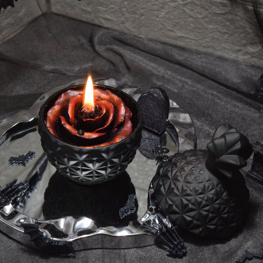 Gothic Halloween Candle | Handmade Black Rose Candle with Red Petals, Natural Beeswax Palm Wax Candle