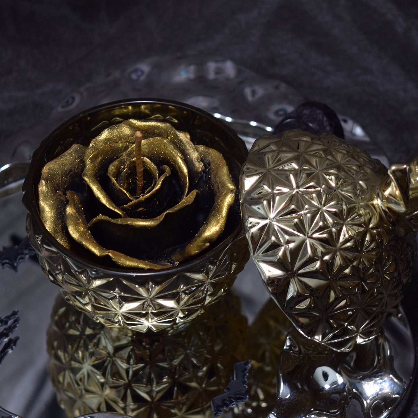 Luxury Black Gold Rose Candle | Gothic Candle in Crystal Jar, Natural Beeswax Palm Wax, Dark Romantic Gift Decor