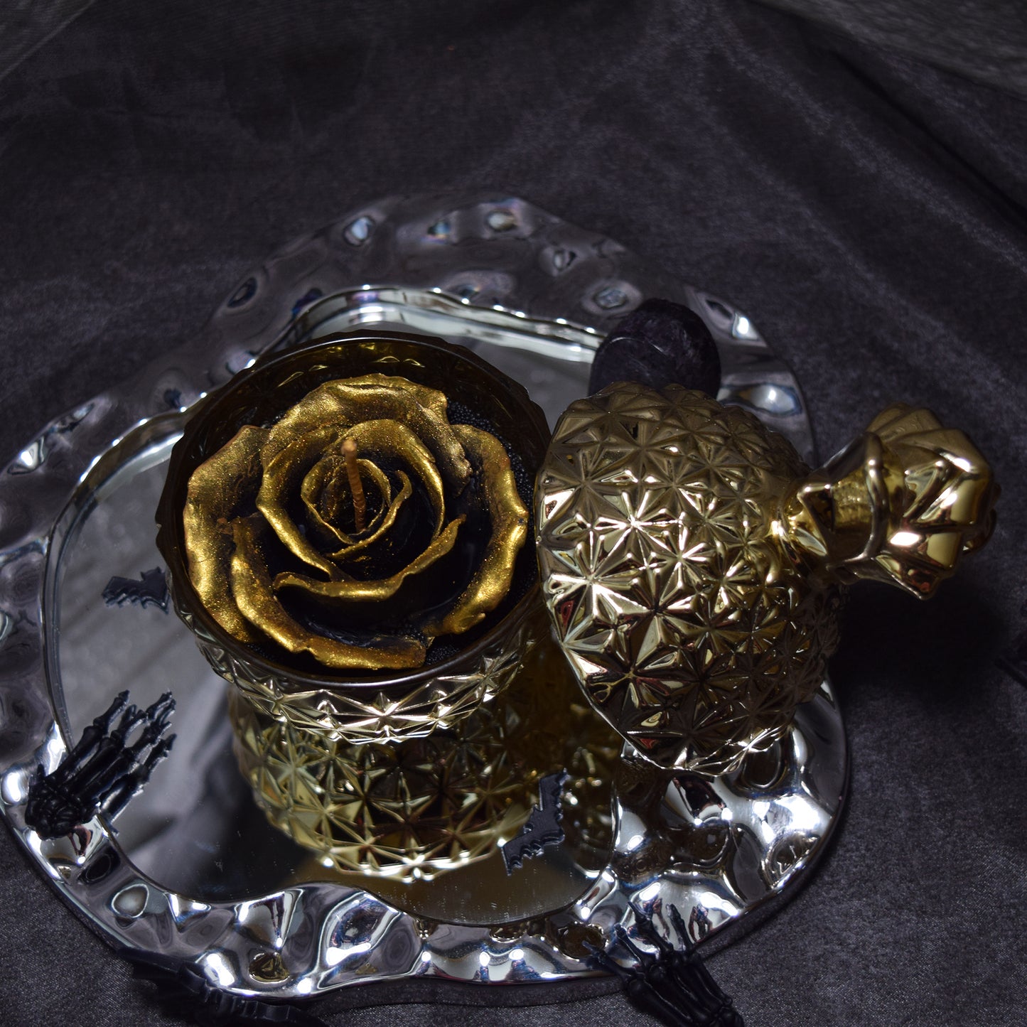 Luxury Black Gold Rose Candle | Gothic Candle in Crystal Jar, Natural Beeswax Palm Wax, Dark Romantic Gift Decor