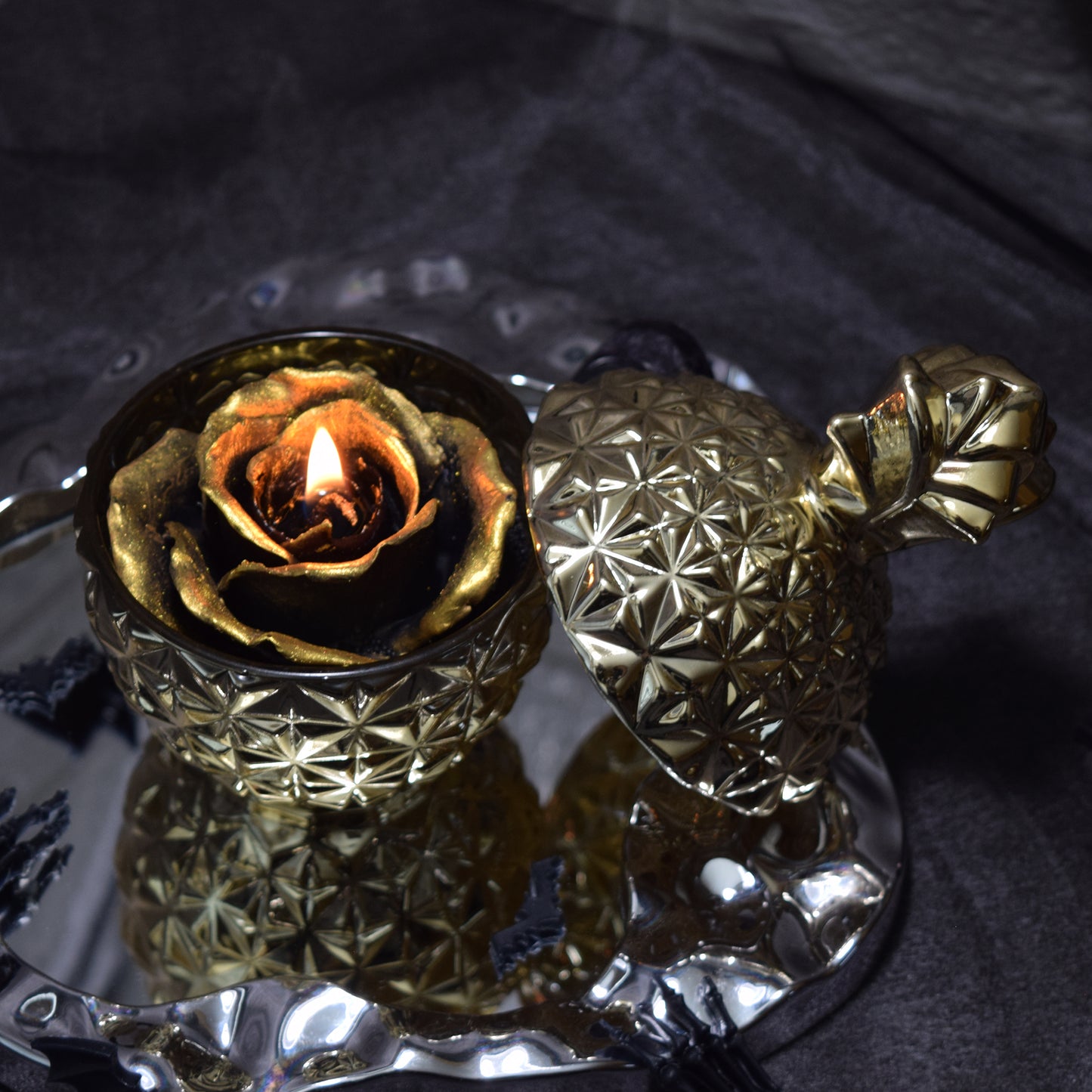 Luxury Black Gold Rose Candle | Gothic Candle in Crystal Jar, Natural Beeswax Palm Wax, Dark Romantic Gift Decor