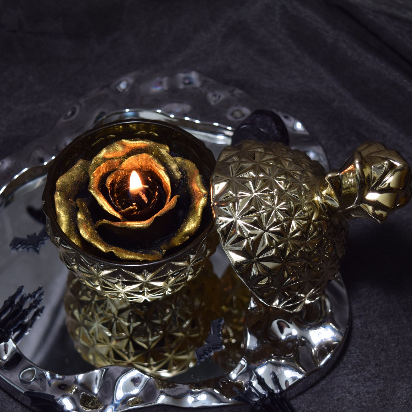 Luxury Black Gold Rose Candle | Gothic Candle in Crystal Jar, Natural Beeswax Palm Wax, Dark Romantic Gift Decor