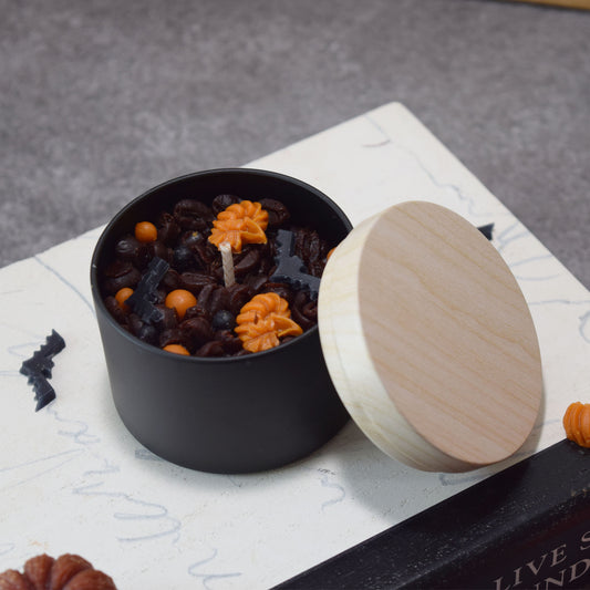 Halloween Coffee Candle with Pumpkins and Bats – Handmade Coffee Bean Candle, Spooky Fall Candle Decor, Witchy Halloween Gift