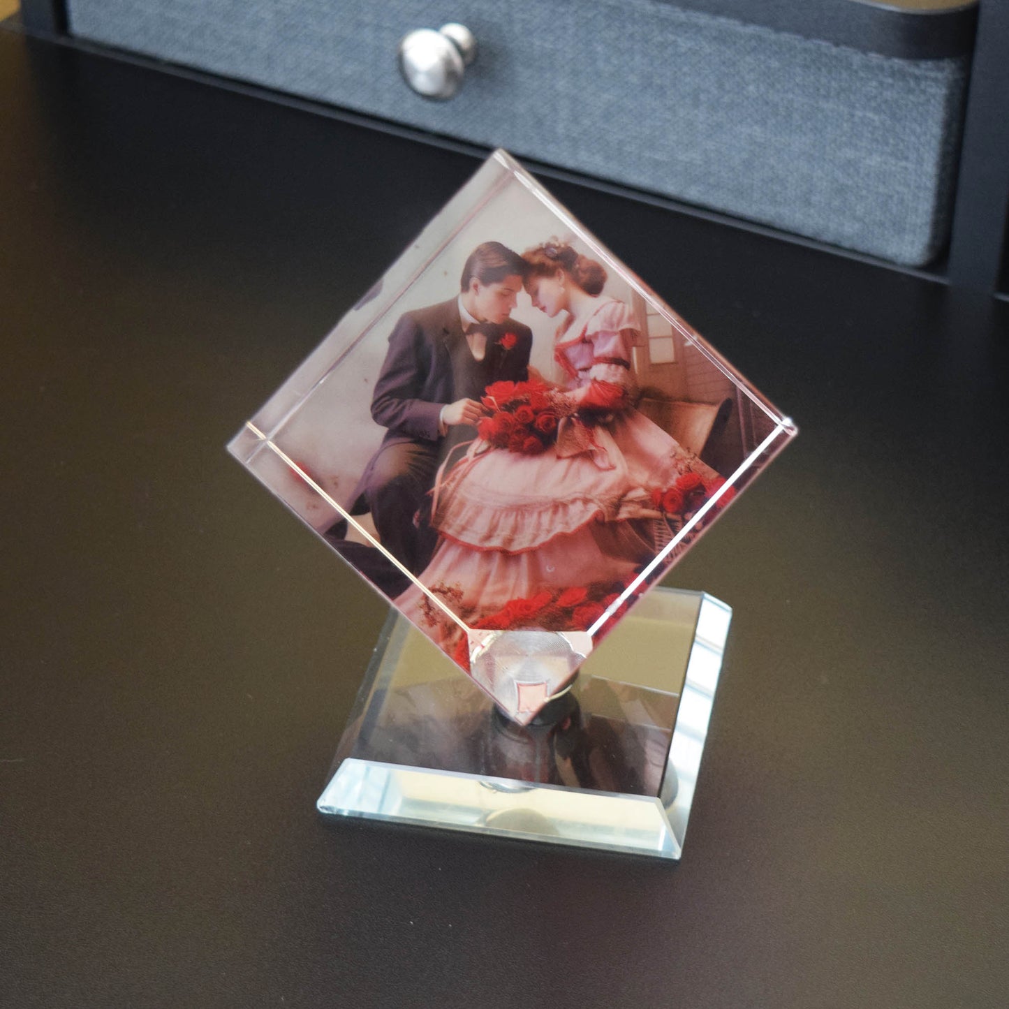 Rotating crystal keepsake cube for wedding anniversary